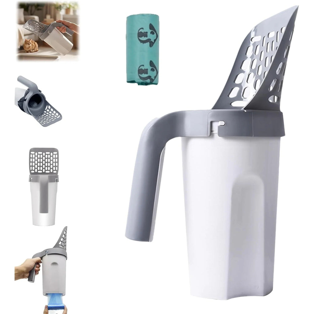 integrated cat litter scoop with bag dispenser