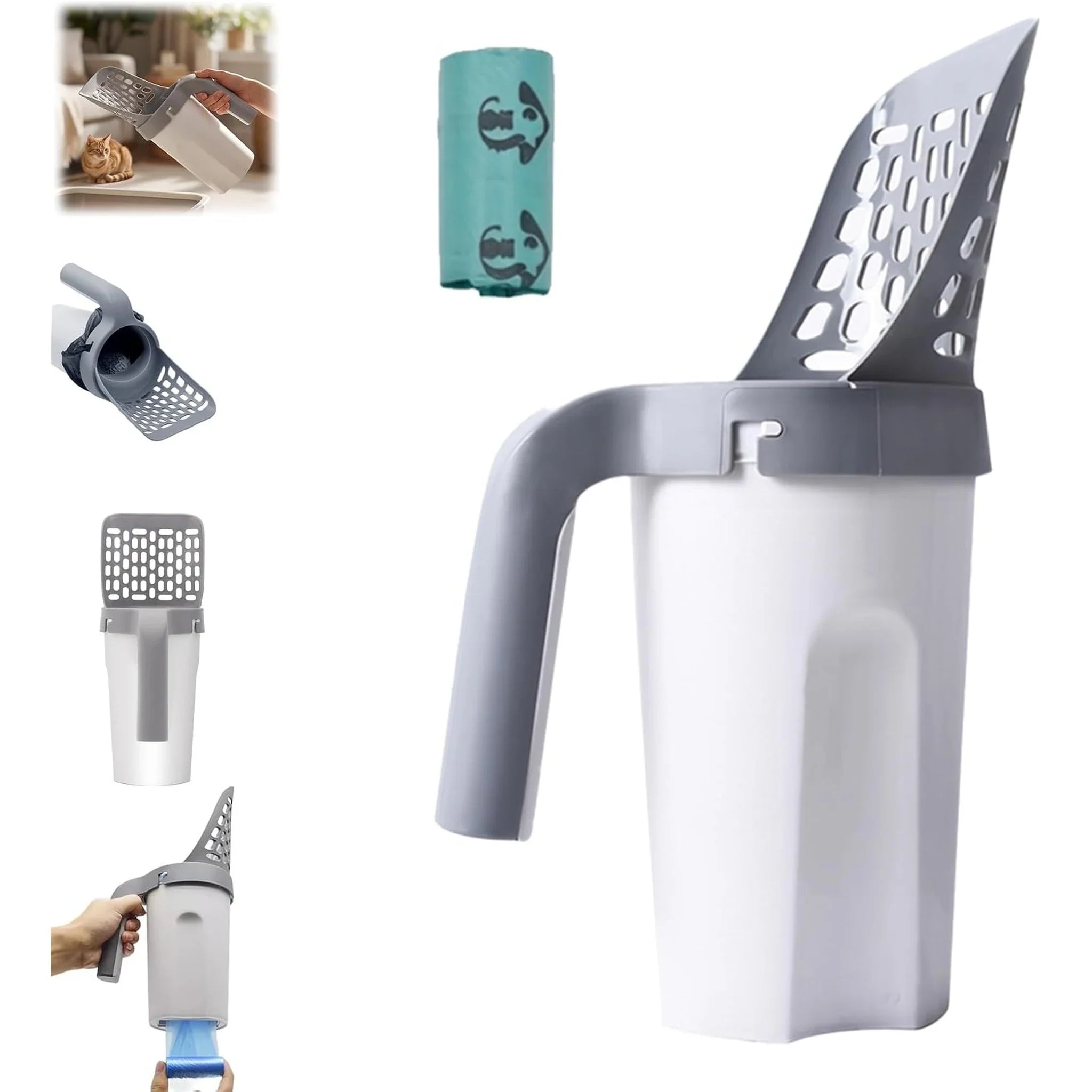 integrated cat litter scoop with bag dispenser