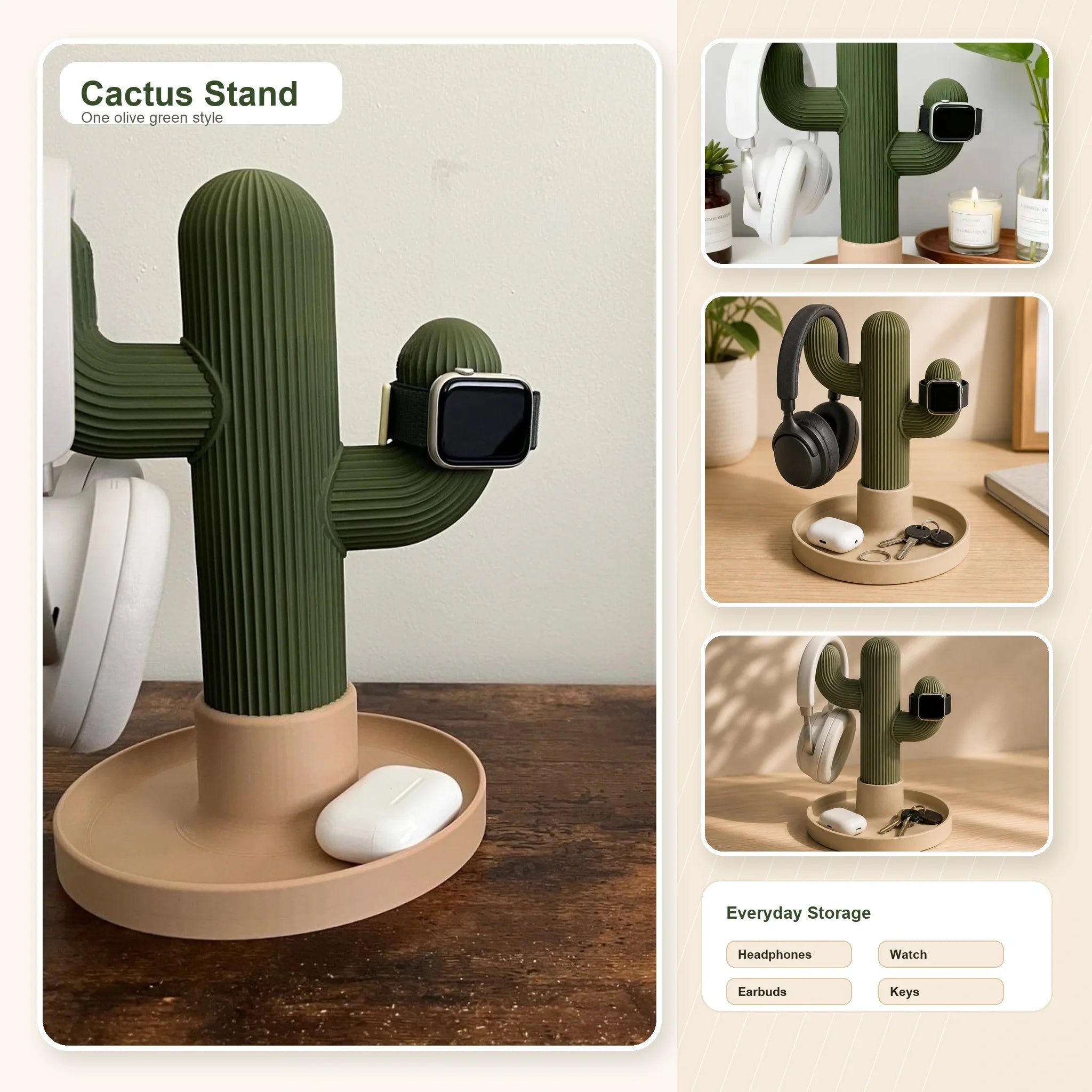 cactus headphone and watch stand for desk organization